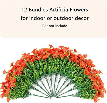 Artificial Fake Flowers Plant for Outdoors, 12 Bundles Faux Morning Glory UV Resistant Look Real Silk Flowers for Outside Planter Front Door Porch Patio Yard Decoration, (Fall Orange)
