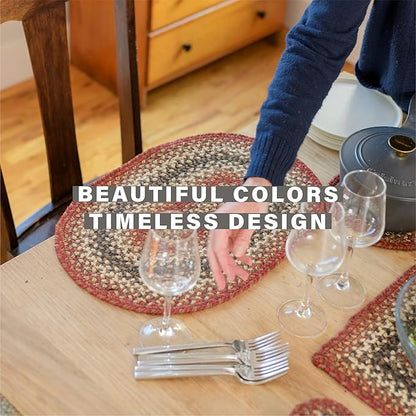 Homespice Chester Jute Braided Placemats, Warm Lodge and Cabin Decor, Set of 4, Red 13x19 Oval Table Mats - Vibrant Colors, Durable, Easy to Clean and Protects Furniture