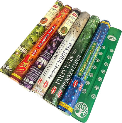 Hem Incense Sticks Variety Pack #1-120 Insence-Sticks (6 Incents x 20 Insense) + Incense Stick Holder Bundle with 6 Top Scents Including Lavender Patchouli Dragons Blood White Sage