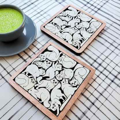 Set of 02 Cats Wooden Puzzle Coasters – Cat Lover Gift, Unique Wood Drink Coasters - Cat Puzzle Coasters - Interlocking Jigsaw Drink Mats with Laser-Cut Design