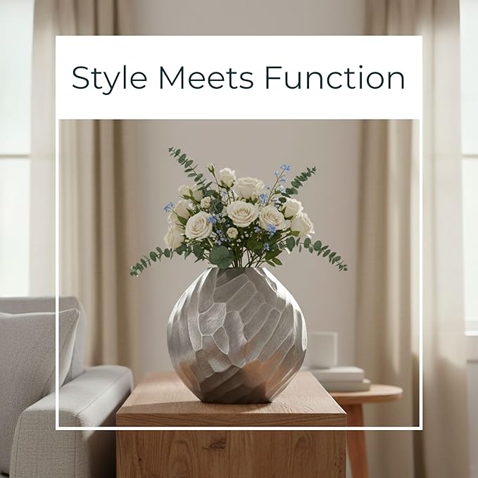 Flower Vase for Home Decor – Modern Hammered Metal Accent, Decorative Centerpiece for Floral Arrangements on Dining Table, Coffee Table, or Office, Stylish Home Accessories – 10", Silver