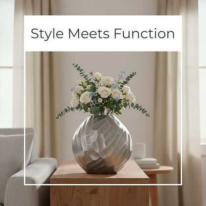 Flower Vase for Home Decor – Modern Hammered Metal Accent, Decorative Centerpiece for Floral Arrangements on Dining Table, Coffee Table, or Office, Stylish Home Accessories – 10", Silver