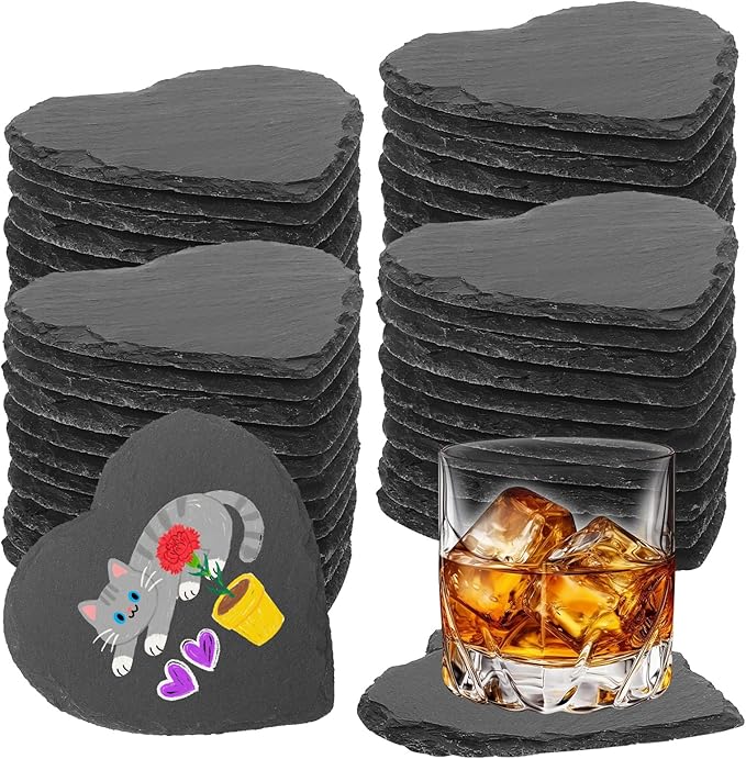 48 PCS Slate Drink Coasters Bulk,4 Inch Black Slate Stone Coasters for Office, Home Decor,Laser Engraving Blanks with Anti-Scratch Bottoms for Coffee Bar Kitchen(Heart)