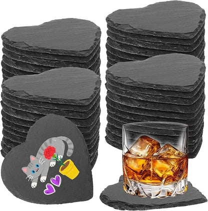 48 PCS Slate Drink Coasters Bulk,4 Inch Black Slate Stone Coasters for Office, Home Decor,Laser Engraving Blanks with Anti-Scratch Bottoms for Coffee Bar Kitchen(Heart)