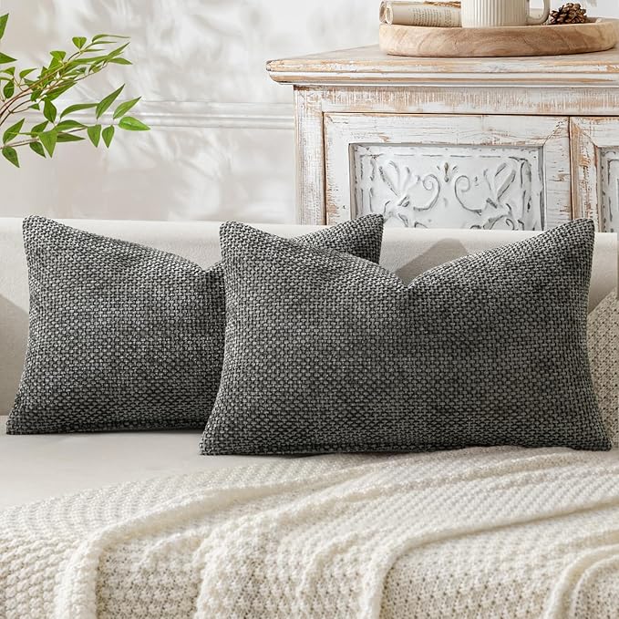 MIULEE Pack of 2 Lumbar Couch Throw Pillow Covers 20x12 Inch Dark Gray Modern Boho Accent Decorative Pillow Covers Soft Chenille Farmhouse Cushion Covers for Home Decor Bed Sofa Living Room