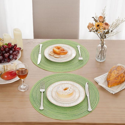 SHACOS Round Placemats Set of 6 for Dining Tables 15 inch Cotton Braided Placemats Washable Reversible for Kitchen Holiday Party (Mixed Color Pea Green, 6)