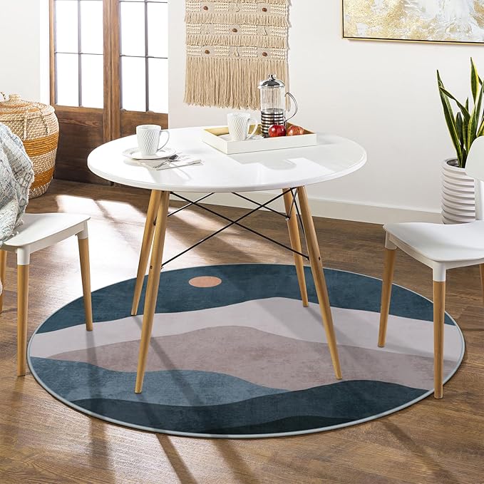 4ft Abstract Round Area Rug,Chic Faux Wool Washable Non-Slip Sun and Mountain Circle Rug,Soft Ultra-Thin Throw Rugs for Living Room/Bedroom/Office/Entryway/Kitchen(Blue)