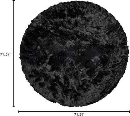 Luxe Gordon Faux Fur Rug with Soft and Fluffy Pile | Machine Washable Living Room Rug with Anti-Slip Backing | Cruelty-Free Area Rugs for Office or Bedroom, Black, 6 ft Dia.