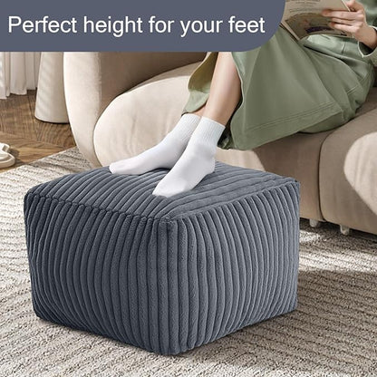 MeMoreCool Square Stuffed Pouf Ottoman Foot Rest, Stripe Furry Floor Pouf Foot Stool with Foam Chunk Filling, Soft Fluffy Stuffed Ottoman Footrest for Living Room, Faux Fur Grey