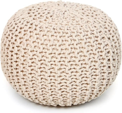 REDEARTH · Round Pouf Ottoman - Hand Knitted Cable Boho Poof Home Décor Pouffe Circular Footrest for Living Room - Nursery - Bedroom - Lounge 100% Cotton (18”x18”x14”) - Ivory, Set of 2