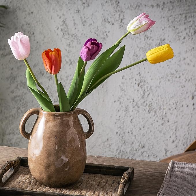 Kimdio Brown Ceramic Vase with 2 Handles, Modern Farmhouse Vases for Home Decor, Vintage Rustic Pottery Vase, Decorative Terracotta Vases, Clay Jug for Living Room Dining Table Shelf