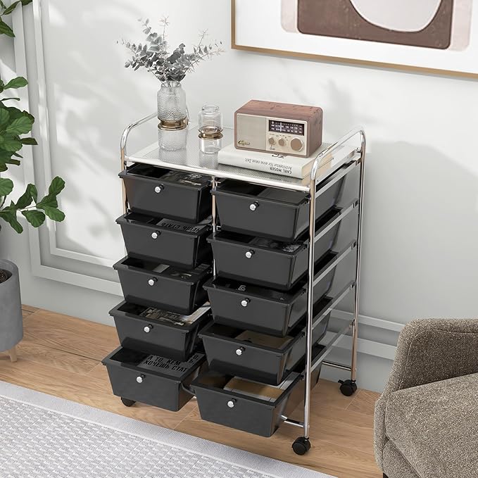 HAPPYGRILL 10-Drawer Rolling Storage Cart, Storage Organizer Cart with Lockable Wheels, Beauty Salon Movable Utility Cart for School, Office, Home, (Black)