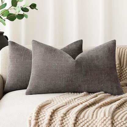 Foindtower Pack of 2 Soft Textured Chenille Throw Decorative Pillow Covers Lumbar Accent Solid Cushion Cover Cozy Farmhouse Pillow Case with Zippe for Couch Sofa Bed Living Room 12x20 Inch, Charcoal