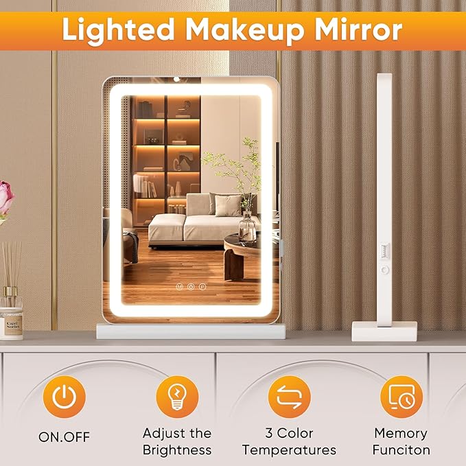 DUMOS 17"x13" LED Vanity Mirror with Lights, Dimmable 3 Color Modes Makeup Mirror with Memory Function, USB Charging, Aluminum Frame, Lighted Mirror for Desk or Bedroom