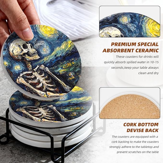 Coasters Set of 6 Ceramic Drink Coaster with Cork Base Modern Style Coasters for Mugs and Cups Office Kitchen 4 in