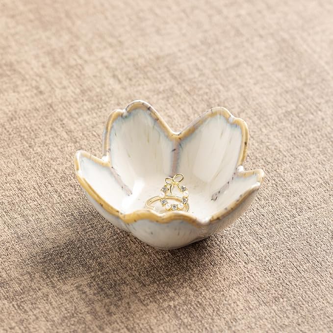 Floral Ceramic Jewelry Tray - 3.5" Elegant Ring Holder Dish & Trinket Bowl for Vanity Dresser Decors (grey)