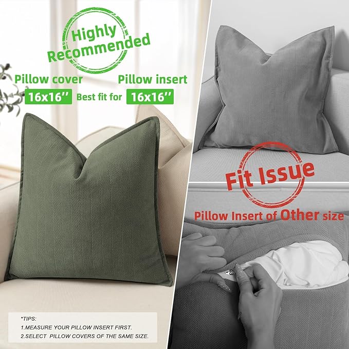 ZWJD Army Green Pillow Covers 16x16 Set of 2 Chenille Throw Pillow Covers with Elegant Design Soft and Luxurious Decorative Throw Pillows for Couch, Bed, and Home Decor