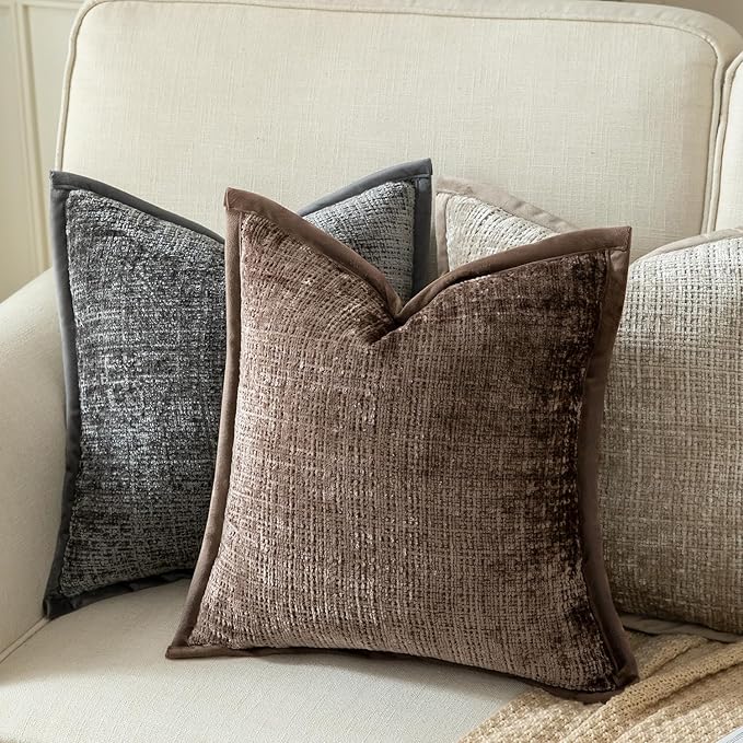 Yaertun Pack of 2 Chenille Textured Decorative Throw Pillow Covers Accent Solid Cushion Cover Soft Cozy Pillow Case with Velvet Back for Couch Sofa Bed Living Room 26x26 Inch Coffee