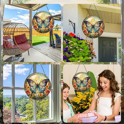 Rngmsi Butterfly Stained Glass Window Hanging Decor, 7.8″ Sun Catchers Stain Glass Window Hanging Indoor, Flower Suncatcher with Hook Home Wall Art Gift for Thanksgiving Christmas Housewarming