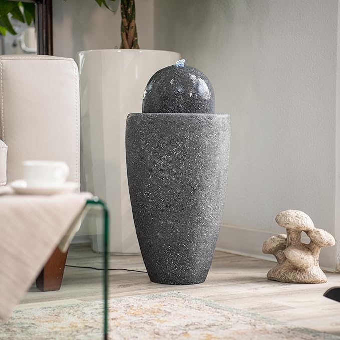 XBrand 26" Modern Sphere Water Fountain with LED Light – Indoor Outdoor Stone Texture Floor Fountain, Zen Bubbling Ball Water Feature for Garden Patio Porch - Gray