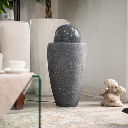 XBrand 26" Modern Sphere Water Fountain with LED Light – Indoor Outdoor Stone Texture Floor Fountain, Zen Bubbling Ball Water Feature for Garden Patio Porch - Gray