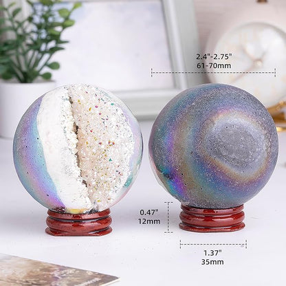 Sportmusies Titanium Coated Rock Crystal Geode Ball with Wooden Stand, Druzy Quartz Stone Cluster Sphere Reiki Home Office Decoration, Angel Aura