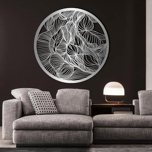 Abstract Lines Metal Wall Decor, Round Metal Wall Art, Line Art Wall Decor, Metal Abstract Wall Art, Metal Irregular Wall Hanging, Geometric Art, Metal Wall Art for Living Room (Sliver, 28"x28"/70x70cm, metal wall art)