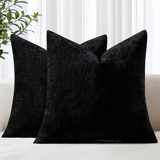 decorUhome Chenille Black Spring Throw Pillow Covers 20x20 Inch Set of 2, Decorative Soft Couch Pillow Covers Solid Dyed Accent Farmhouse Neutral Square Pillow Cases for Sofa
