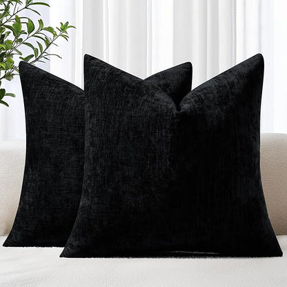 decorUhome Chenille Black Spring Throw Pillow Covers 20x20 Inch Set of 2, Decorative Soft Couch Pillow Covers Solid Dyed Accent Farmhouse Neutral Square Pillow Cases for Sofa