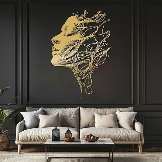 BIANGING Modern Woman Face Metal Wall Decor, Abstract Woman Face Metal Wall Decor, Abstract Female Line Wall Art, Minimalist Line Wall Art for Bathroom Living Room Bedroom (Gold, 53"x35"/135x90cm)