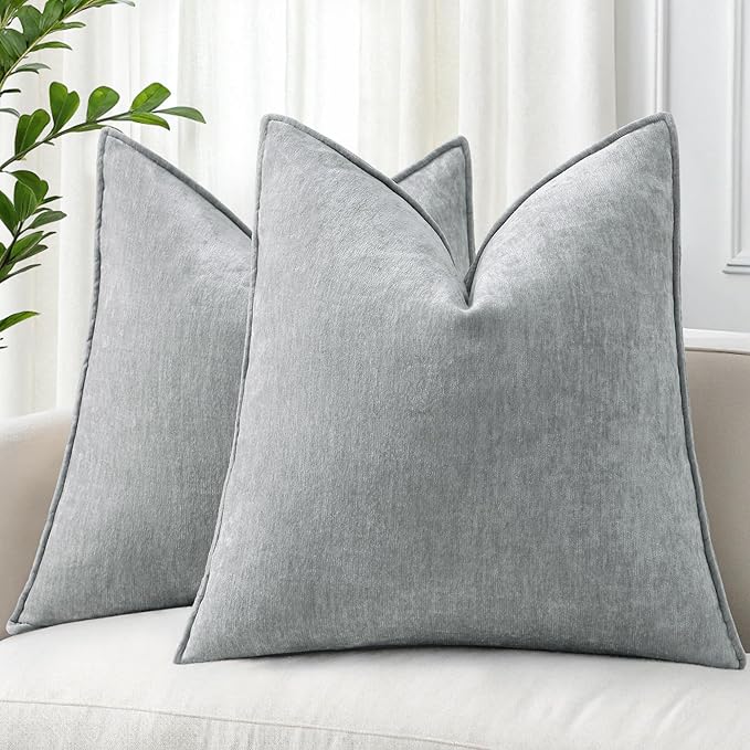 decorUhome Spring Couch Throw Pillow Covers 20x20 Set of 2, Decorative Soft Velvet Neutral Chenille Pillow Covers with Elegant Design for Sofa Bed Living Room Home Decor, Ultimate Gray