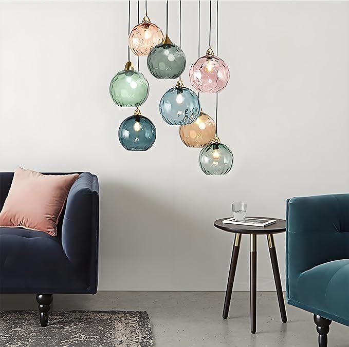 15cm/5.9’’ Industrial Vintage Spherical Glass Pendant Light, E26 Ceiling Hanging Lamp, Gold Finish & Ripple Glass Globe Shade, Dining Room Bedroom Chandelier (Dark Blue)