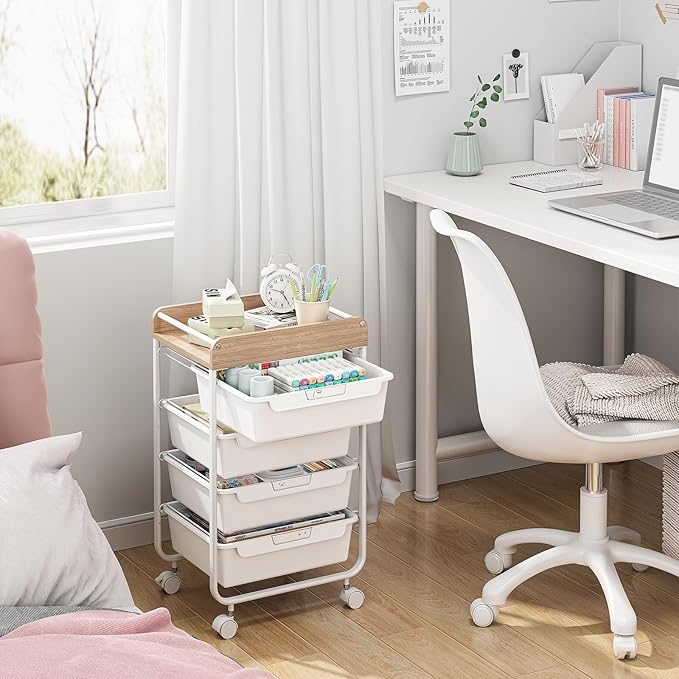 Rolling Storage Utility Cart With 4 Drawers,Kids Craft Art Cart,Makeup Organizer And Storage with Wooden Tabletop,White
