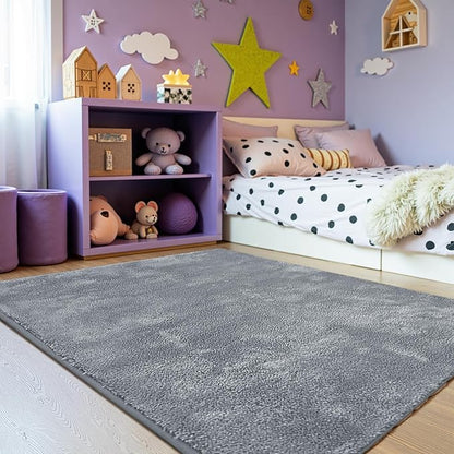 jinchan Solid Plush Area Rug 5x7 Performance Shaggy Washable Rug Indoor Soft Modern Faux Wool Cozy Non Slip Carpet for Living Room Kids Room Bedroom Dining Room Nursery Grey