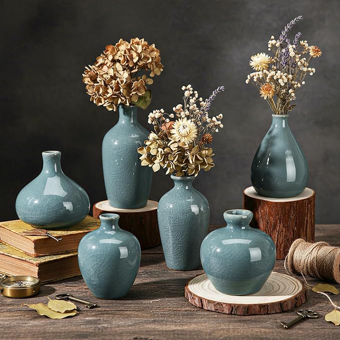 FoldTier 6 Pcs Green Mini Ceramic Bud Vase Vintage Flower Vases Ice Cracked for Farmhouse Rustic Boho Style Table Shelves Home Office Decor Gifts(Classical,Green)