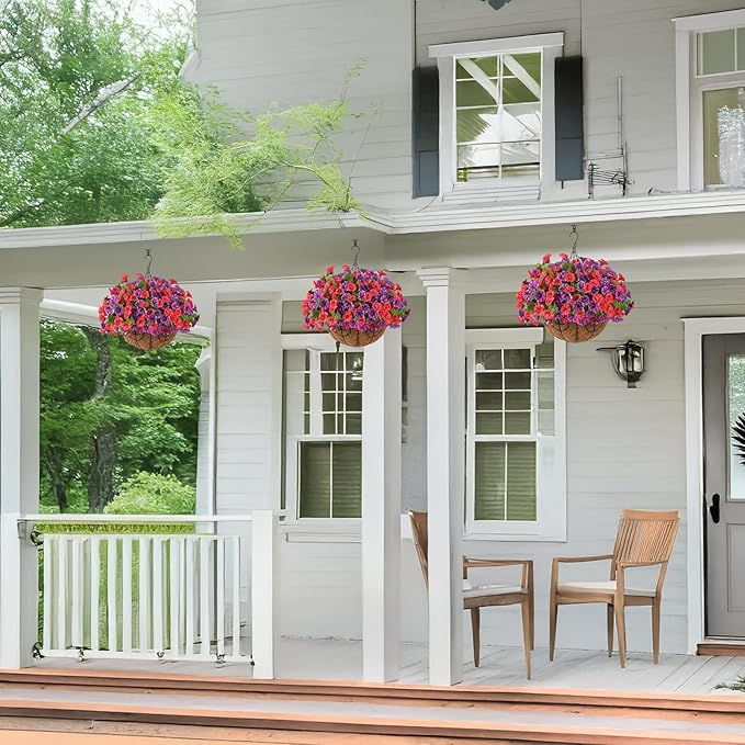 Artificial Fake Hanging Flowers with Basket for Outdoors, Faux Silk Petunias Flower Spring Summer Decor UV Resistant Look Real for Home Outside Patio Front Porch Decorations