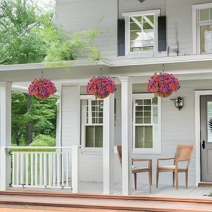 Artificial Fake Hanging Flowers with Basket for Outdoors, Faux Silk Petunias Flower Spring Summer Decor UV Resistant Look Real for Home Outside Patio Front Porch Decorations