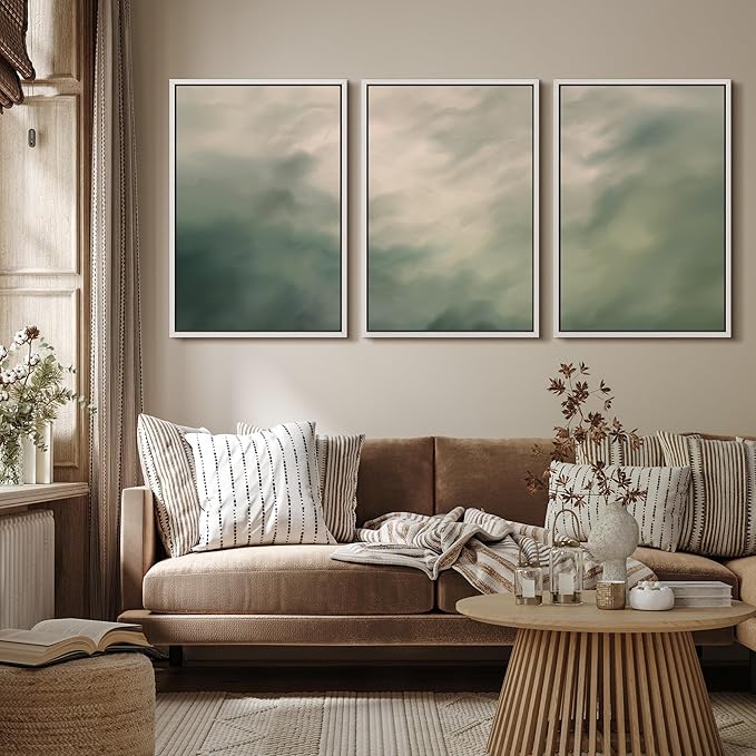 MUDECOR Framed Wall Art Print Set Soft Green Cloudscape Tranquil Abstract Nature Illustrations Modern Art Boho Decorative Colorful Chic for Living Room, Bedroom, Office - 16"x24"x3 White