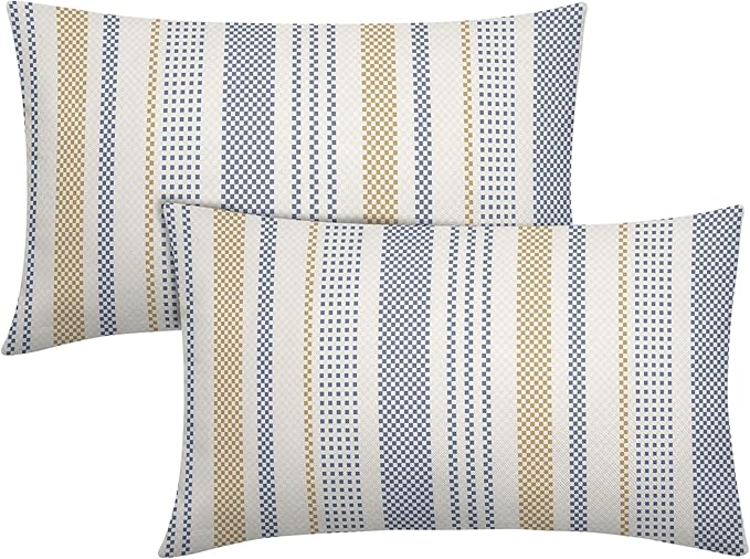 Blue Yellow Lumbar Pillow Covers 12x20 Set of 2 Geometric Striped Print Partten Decorative Outdoor Boho Pillowcases with Zipper Rustic Decoration Farmhouse Sofa Couch Throw Cushion Cover Bed Decor