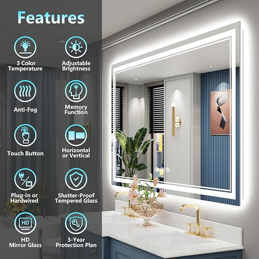 60x28 Inch LED Bathroom Mirror with Lights, Backlit & Front Lit, Anti-Fog Lighted Vanity Mirrors for Bathroom Wall, Dimmable, 3-Color Light, Memory, Shatter-Proof, Tempered Glass, ETL Listed