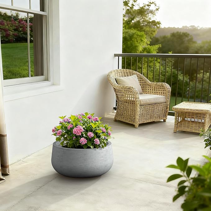 Kante 19.6" Dia Round Concrete Planter, Cement Plant Pots with Drainage Hole and Rubber Plug for Outdoor Indoor Garden Home, Modern Curvaceous Design, Natural Concrete