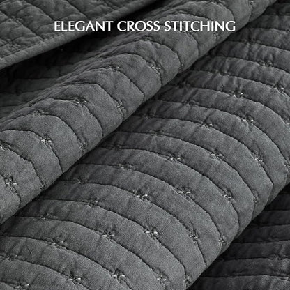 EVERGRACE Cross Stitch Pre-Washed Cotton Quilt Bedding Set King Size, Oversized 3 Pieces Lightweight Bedspread Coverlet for All Season, with 2 Matching Shams, Charcoal, 108"x96"