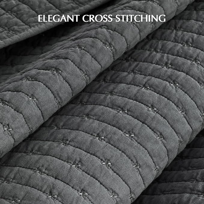 EVERGRACE Cross Stitch Pre-Washed Cotton Quilt Bedding Set Queen Size, Oversized 3 Pieces Lightweight Bedspread Coverlet for All Season, with 2 Matching Shams, Charcoal, 92"x96"