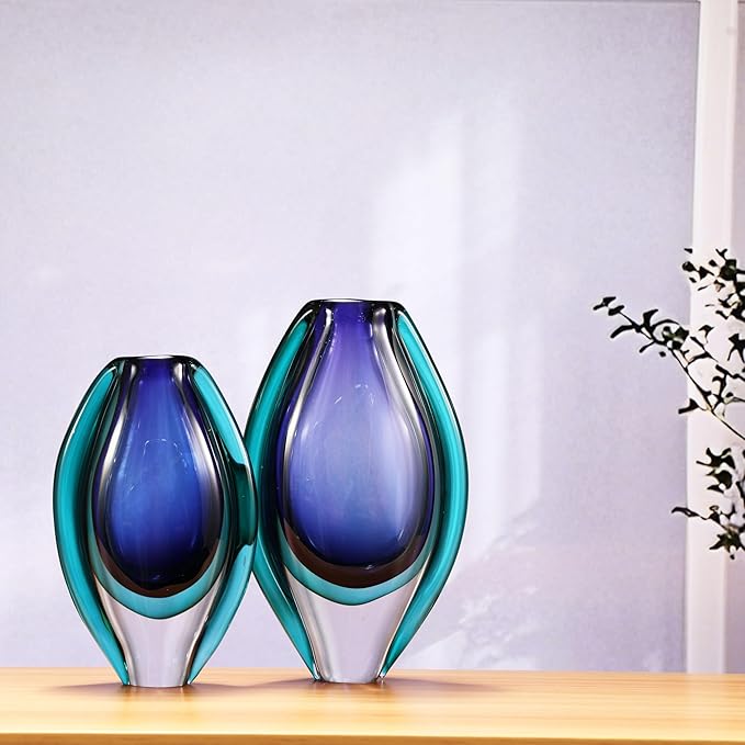 Luxury Lane Hand Blown Sommerso Oval Art Glass Vase for Decor 10 inch Tall Centerpiece Table Decoration London Blue