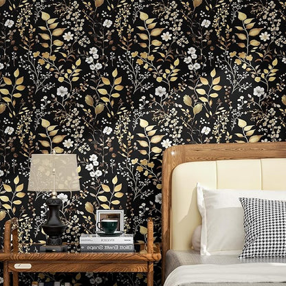 Boho Wallpaper Peel and Stick Dark Floral Wallpaper 17.5in x118in Vintage Leaf Contact Paper Vinyl Waterproof Self Adhesive Golden Leaf Botanical Wall Paper for Cabinet Table Drawer Decor