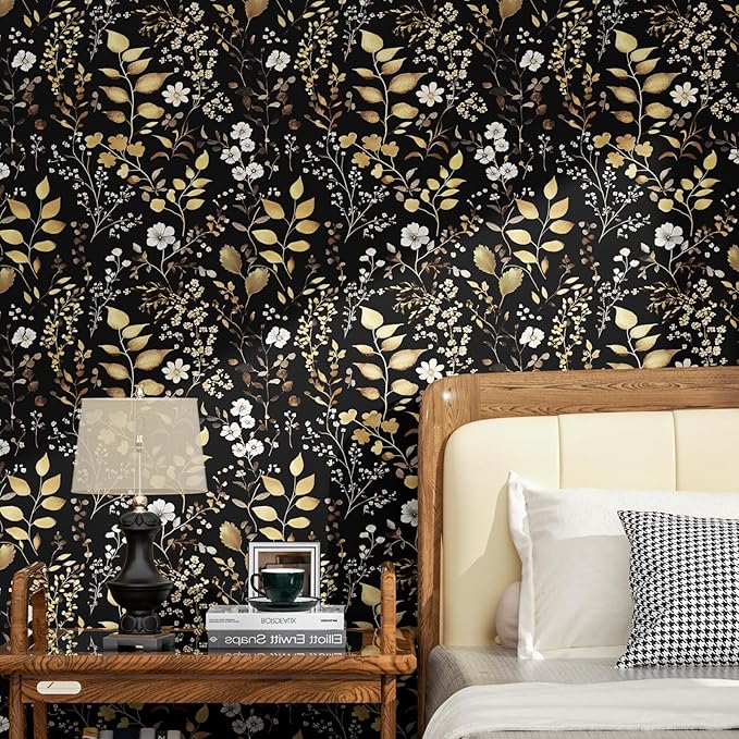 Boho Wallpaper Peel and Stick Dark Floral Wallpaper 17.5in x393in Vintage Leaf Contact Paper Vinyl Waterproof Self Adhesive Golden Leaf Botanical Wall Paper for Cabinet Table Drawer Decor