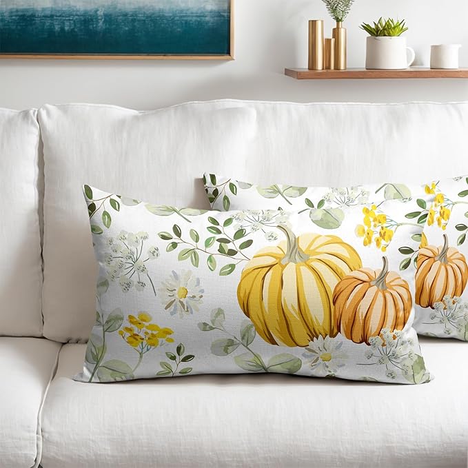 Pumpkin Fall Lumbar Pillow Covers 12x20 Set of 2 Yellow Saga Green Leaf Autumn Floral Thanksgiving Pillow Cases Outdoor Decorative Holiday Cushion Cover Decoration Farmhouse Home Sofa Couch Bed Decor