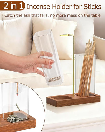 2 in 1 Incense Holder, Large Glass Incense Holder for Sticks, Upside Down Wooden Incense Burner with Ash Catcher & Incense Storage for Meditation Yoga Spa Home Decor, with 20 Incense Sticks & Brush