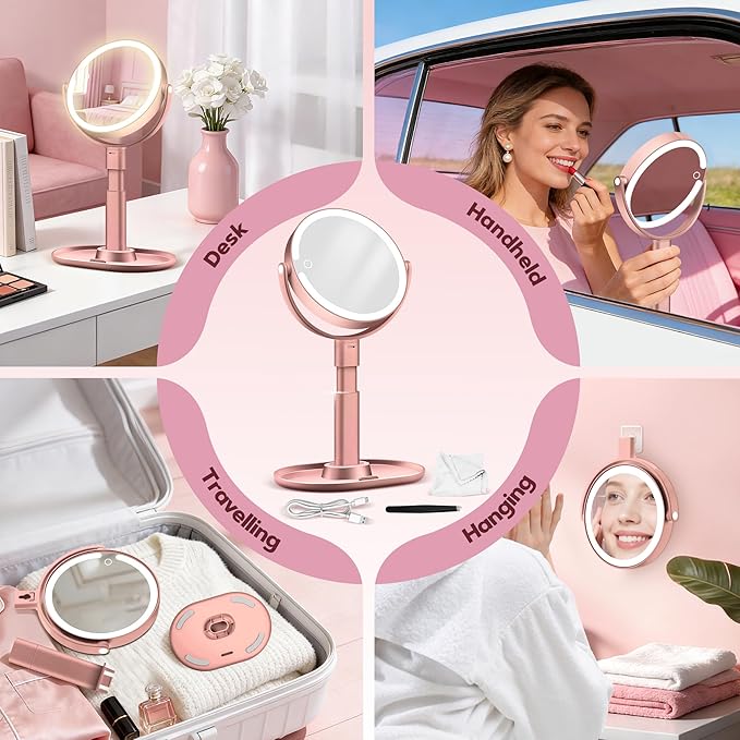 Makeup Mirror with Lights, 30X Magnifying & Height Adjustable, Lighted Magnifying Mirror with 3 Light Modes & Stepless Dimming, Vanity Mirrors for Bathroom, Birthday Gift for Women, Rosegold