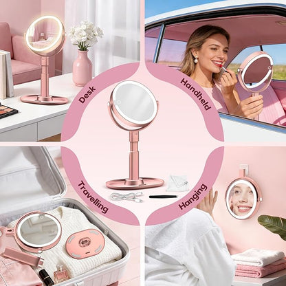 Makeup Mirror with Lights, 30X Magnifying & Height Adjustable, Lighted Magnifying Mirror with 3 Light Modes & Stepless Dimming, Vanity Mirrors for Bathroom, Birthday Gift for Women, Rosegold